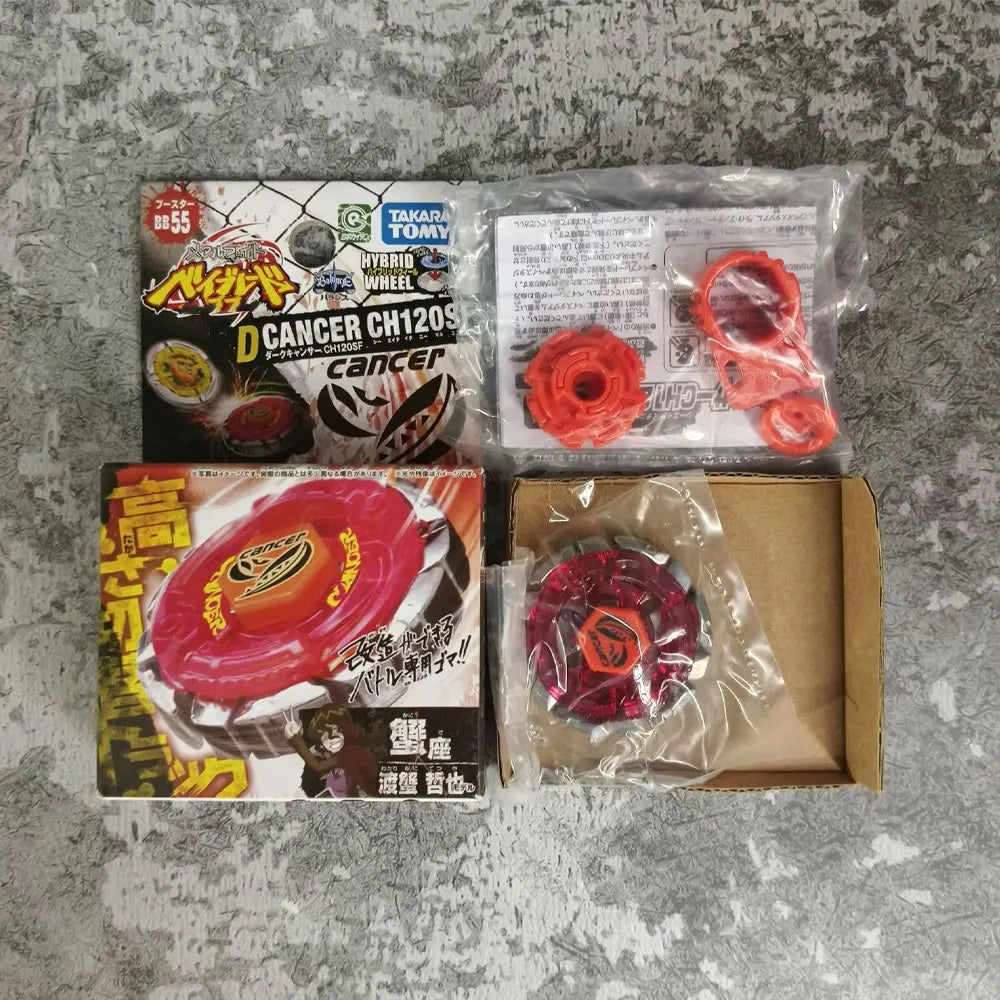 A collection of Metal Fight Beyblade Rock Leone premium collector's edition items including a box and several red spinning to