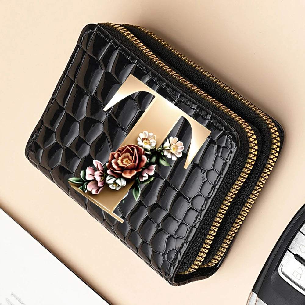 Alphabet Flower Double-Zip Card Wallet with Secure Clasp