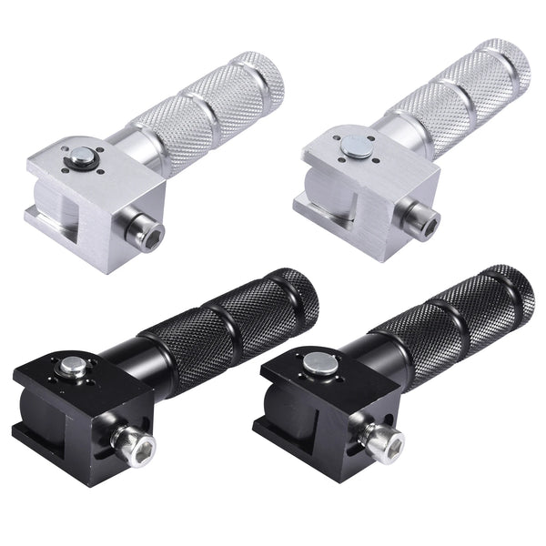 Two sets of universal CNC aluminum footrest pedals, one silver and one black, shown at an angle.