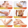 A collage showing a multi-heat electric heating pad used on the back, shoulders, abdomen, waist, arm, and leg for pain relief