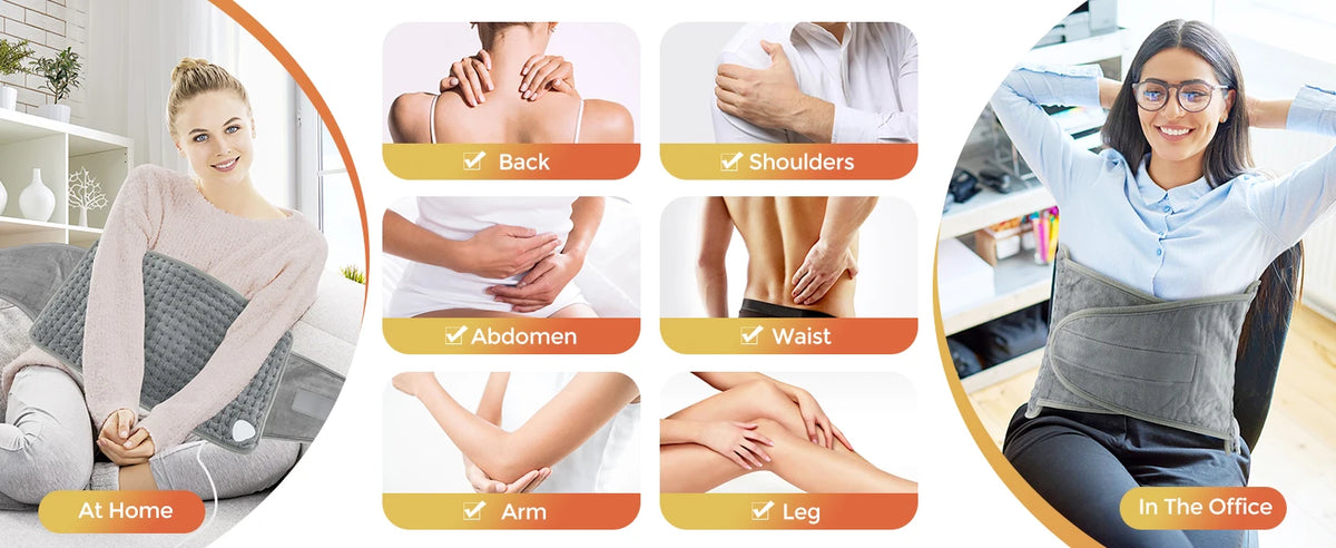 A collage showing a multi-heat electric heating pad used on the back, shoulders, abdomen, waist, arm, and leg for pain relief