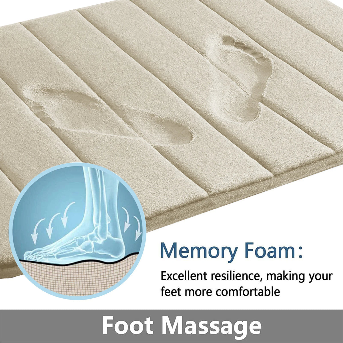 Beige Memory-Schaum-Fußmassiermatte mit Fußabdruck und Detailaufnahme der Schaumstruktur.