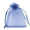 A clear blue organza drawstring gift bag with a gathered top and long ties.