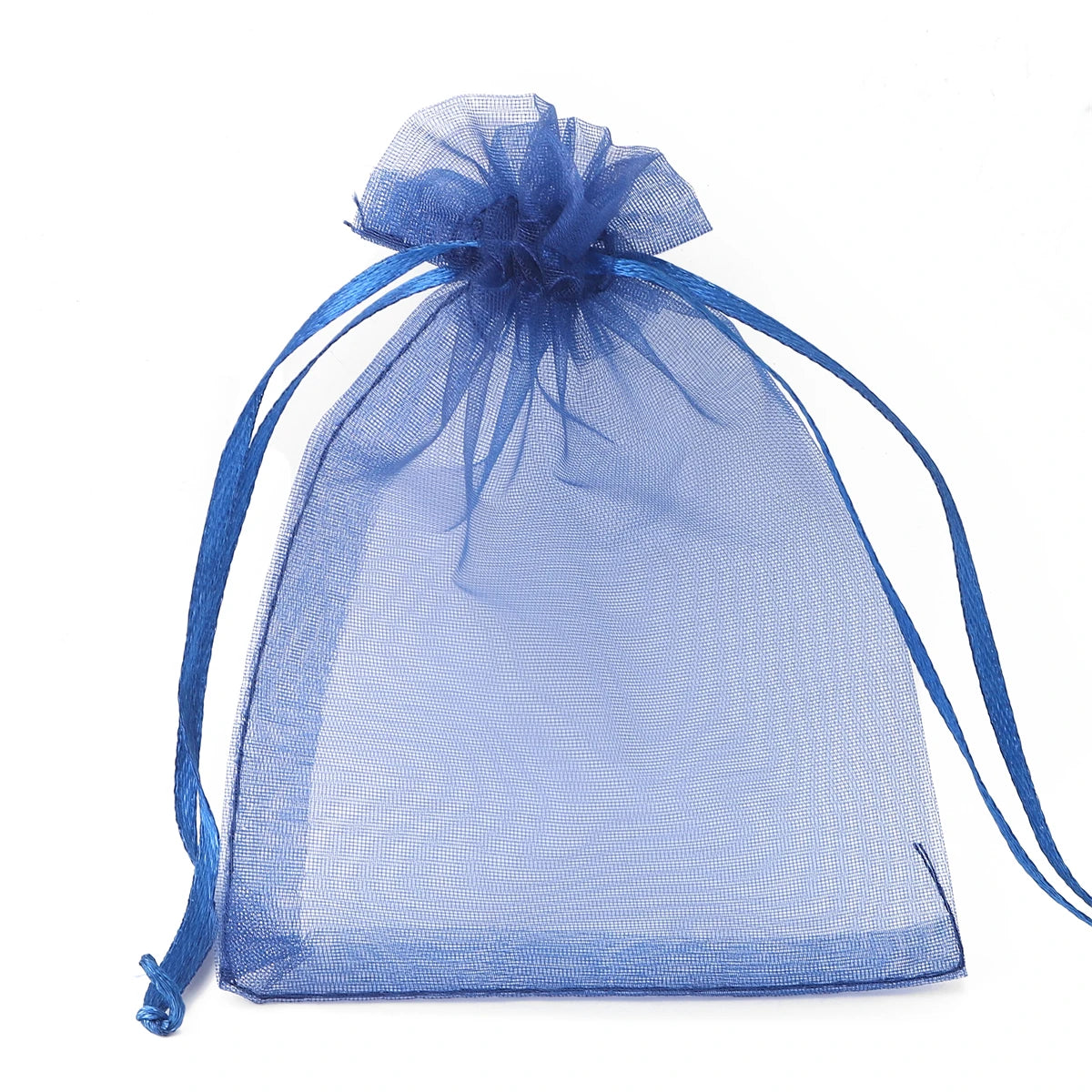 A clear blue organza drawstring gift bag with a gathered top and long ties.