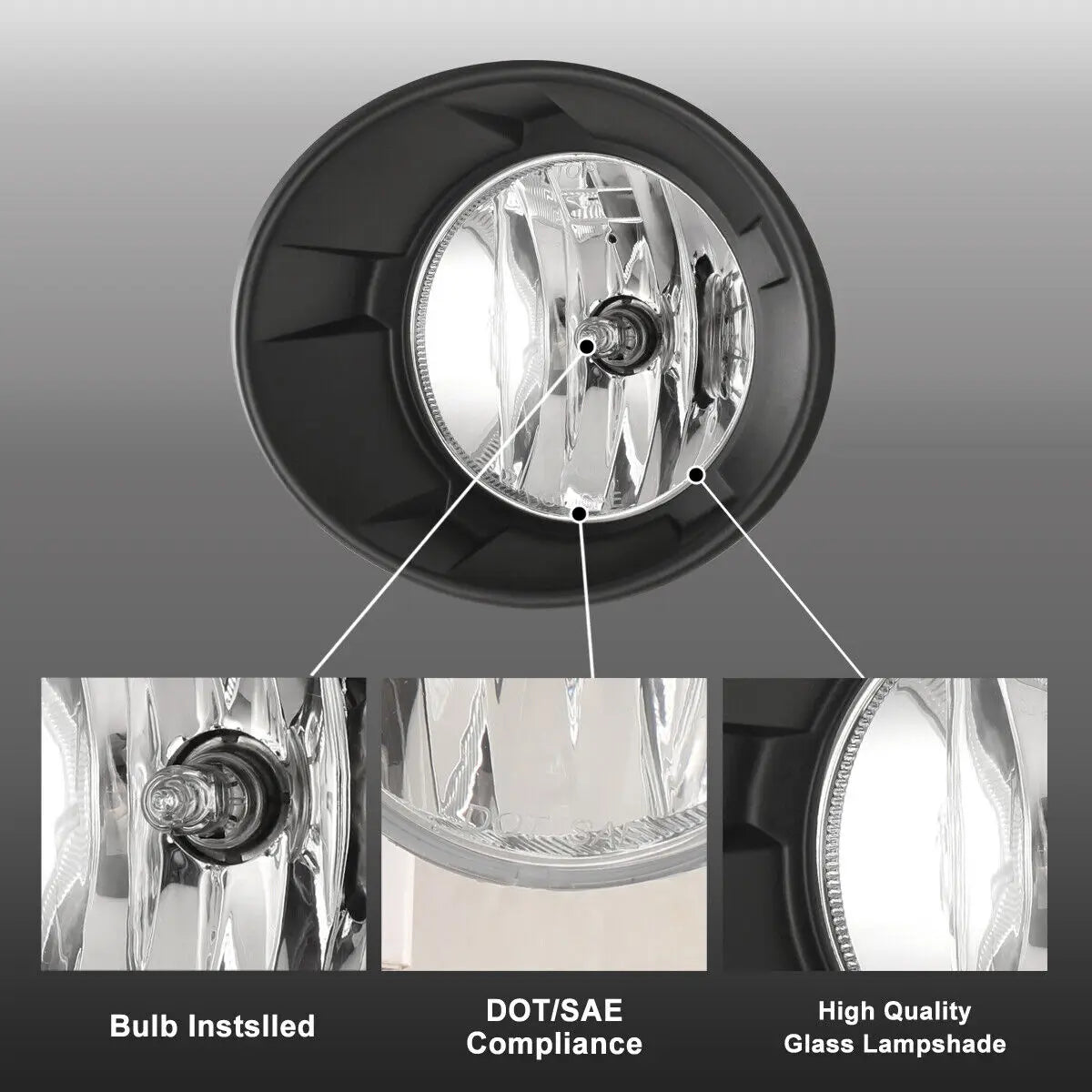 A close-up view of a fog light assembly showing the bulb installed, DOT/SAE compliance, and high quality glass lampshade.