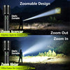 A rechargeable LED flashlight demonstrating various zoom modes including zoomable design, zoom in, zoom out, and zoom far.
