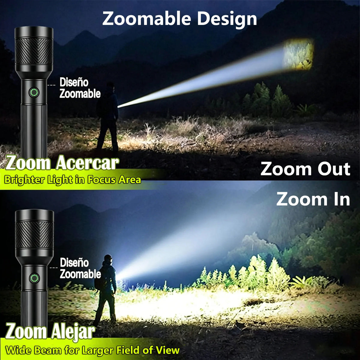 A rechargeable LED flashlight demonstrating various zoom modes including zoomable design, zoom in, zoom out, and zoom far.