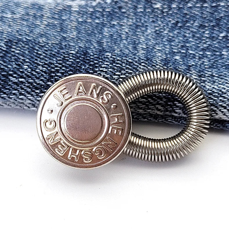 Silver extender buttons with the text JEANS HENSHEN on a denim fabric background
