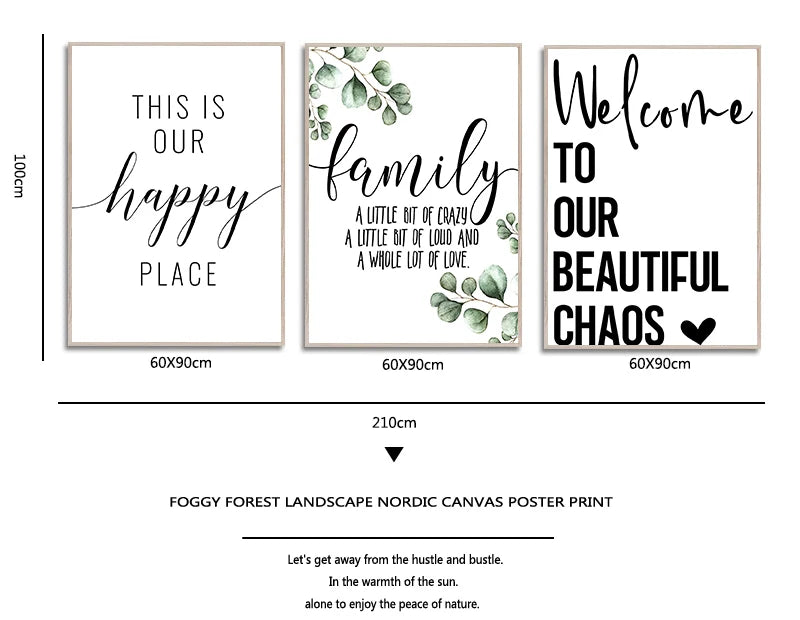 Family Quote Canvas Wall Art – Minimalist Green Leaf Print