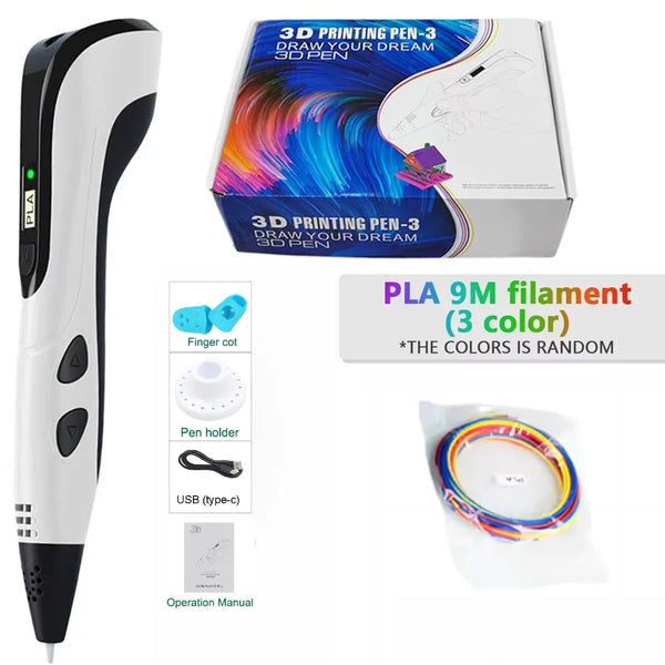 Weiße 3D-Druck-Stift mit schwarzer Spitze und LED-Anzeige, neben Verpackung und Filament.