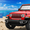 A red Jeep Wrangler or Gladiator JT is shown with a custom-fit front windshield sunshade installed.