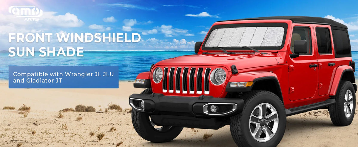 A red Jeep Wrangler or Gladiator JT is shown with a custom-fit front windshield sunshade installed.
