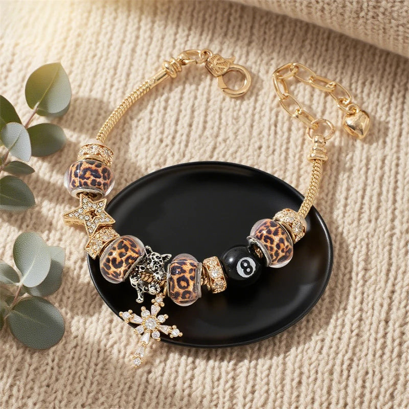 Leopard Cross & Black Beaded Bracelet with Sparkling Crystal Accents