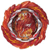 A battle spinning top with metal construction featuring a fiery orange and red design.