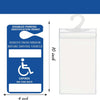 A clear plastic placard holder for a disabled parking identification permit with expiration date information.
