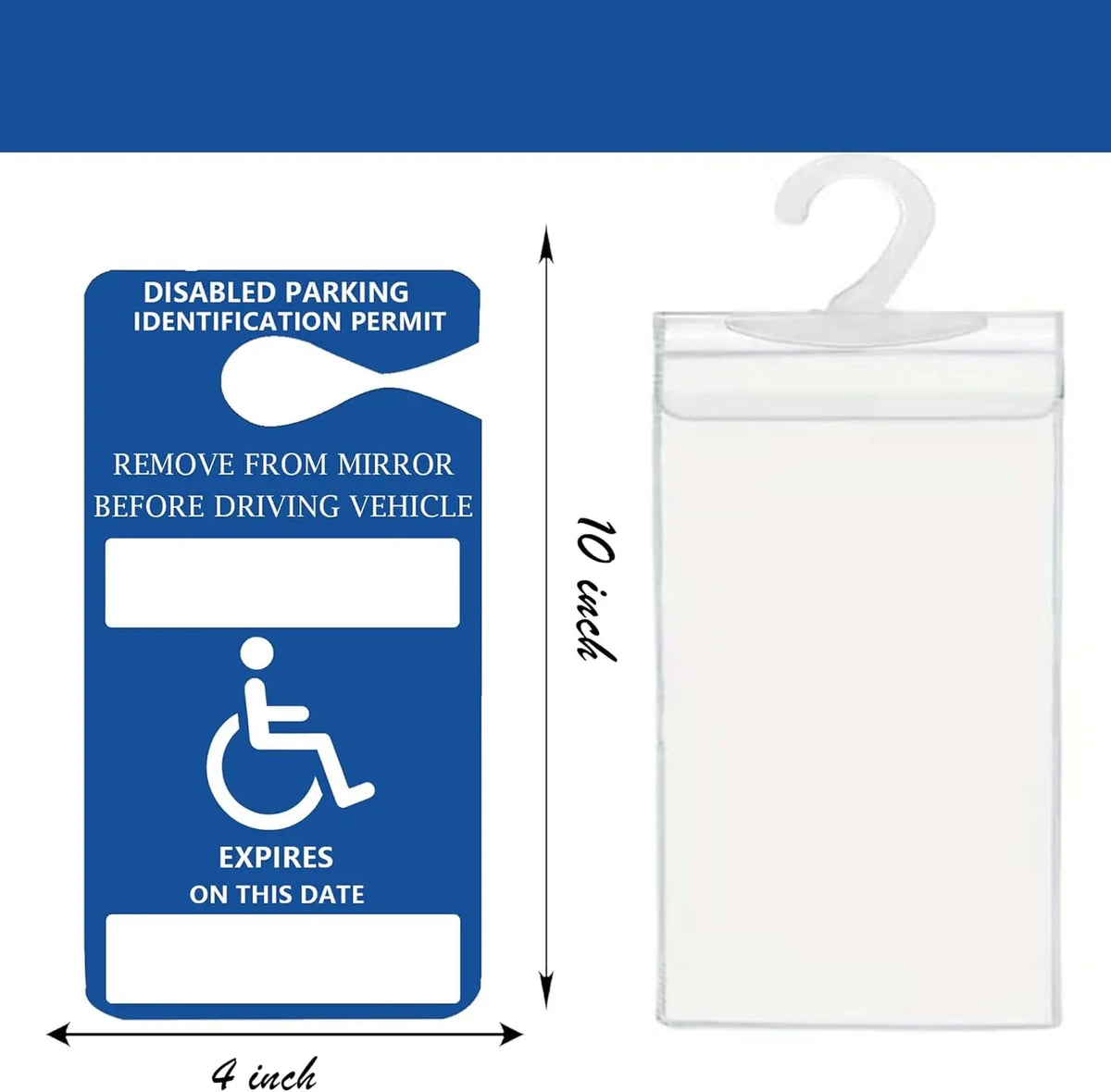 A clear plastic placard holder for a disabled parking identification permit with expiration date information.