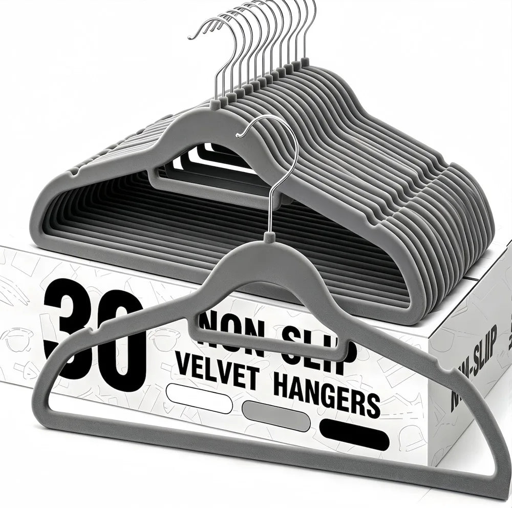 A display of gray velvet non-slip hangers with rotating hooks shown on a box.
