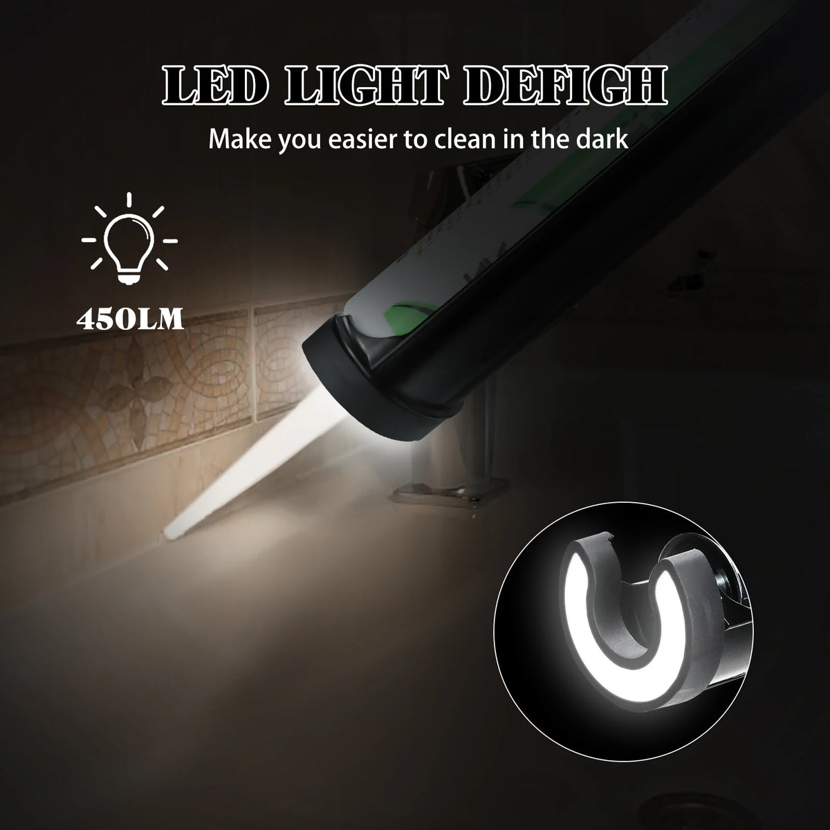 A cordless electric caulking gun with an LED light shining a bright beam onto a surface.