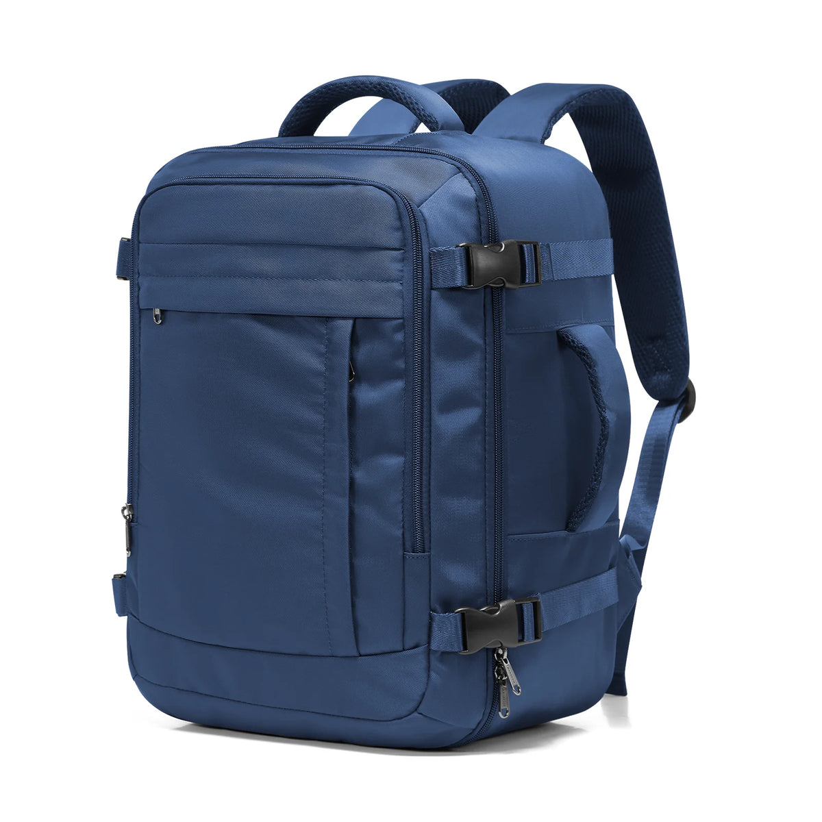 A navy blue compact underseat travel backpack with black accents.