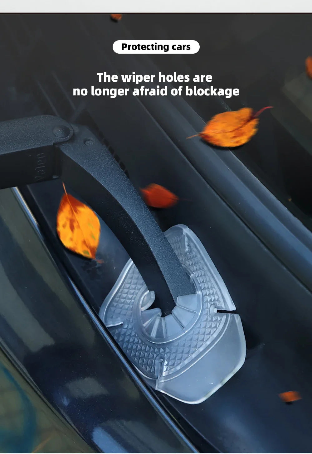 A close-up of a car windshield wiper with a clear protective cover installed over the wiper holes.