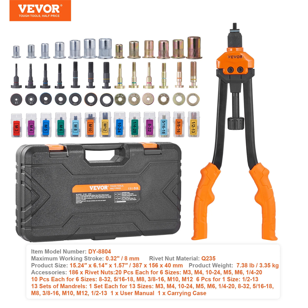 A set of tools for riveting including mandrels and rivet nuts with various sizes and a clamping device