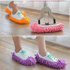 Five pairs of reusable microfiber mop slippers in orange, pink, and purple are shown on a wooden floor.