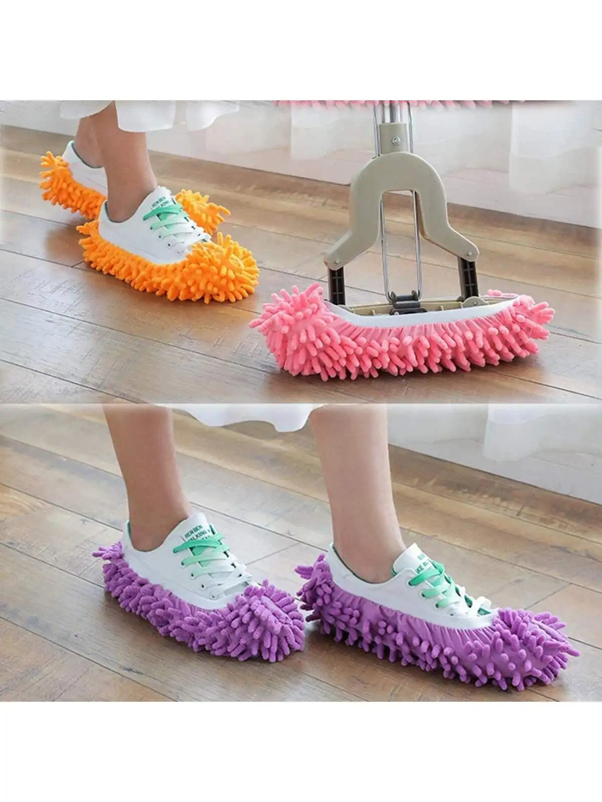 Five pairs of reusable microfiber mop slippers in orange, pink, and purple are shown on a wooden floor.