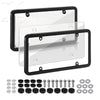 A set of tinted license plate protectors and various mounting hardware components for installation.