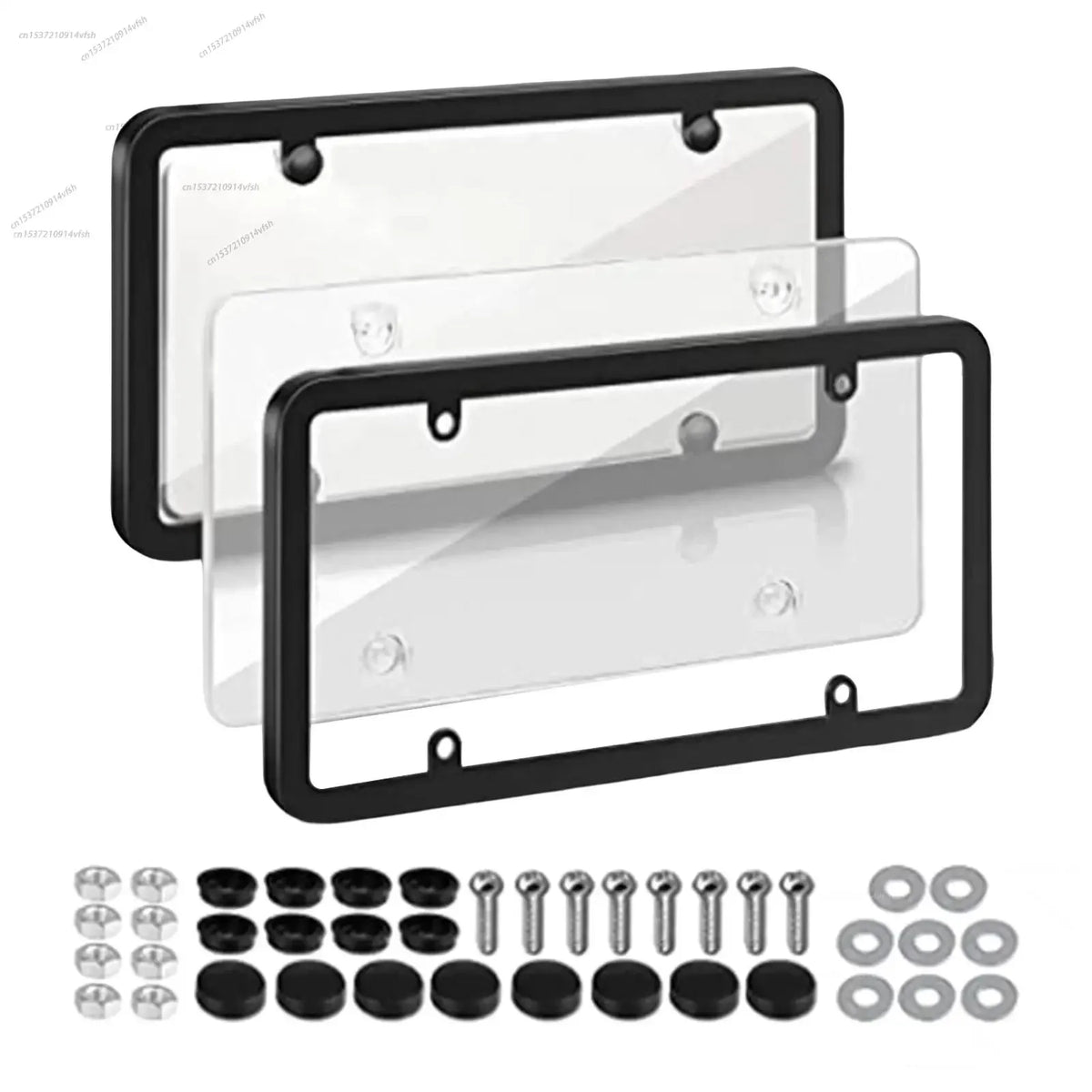 A set of tinted license plate protectors and various mounting hardware components for installation.