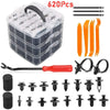 A collection of assorted plastic push rivets and fasteners for auto trim and panel fastening.