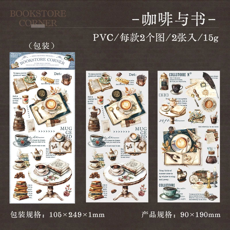 Set von PVC-Transferstickern mit Vintage-Buch- und Schreibwaren-Designs zum Scrapbooking