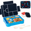 A blue portable kids lunch box with divided compartments, featuring a main section and an accessory compartment.