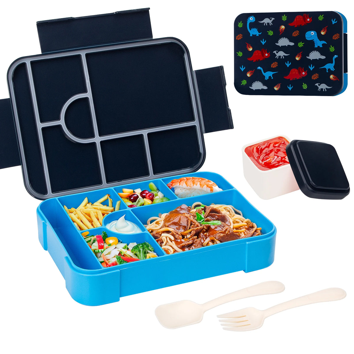 A blue portable kids lunch box with divided compartments, featuring a main section and an accessory compartment.