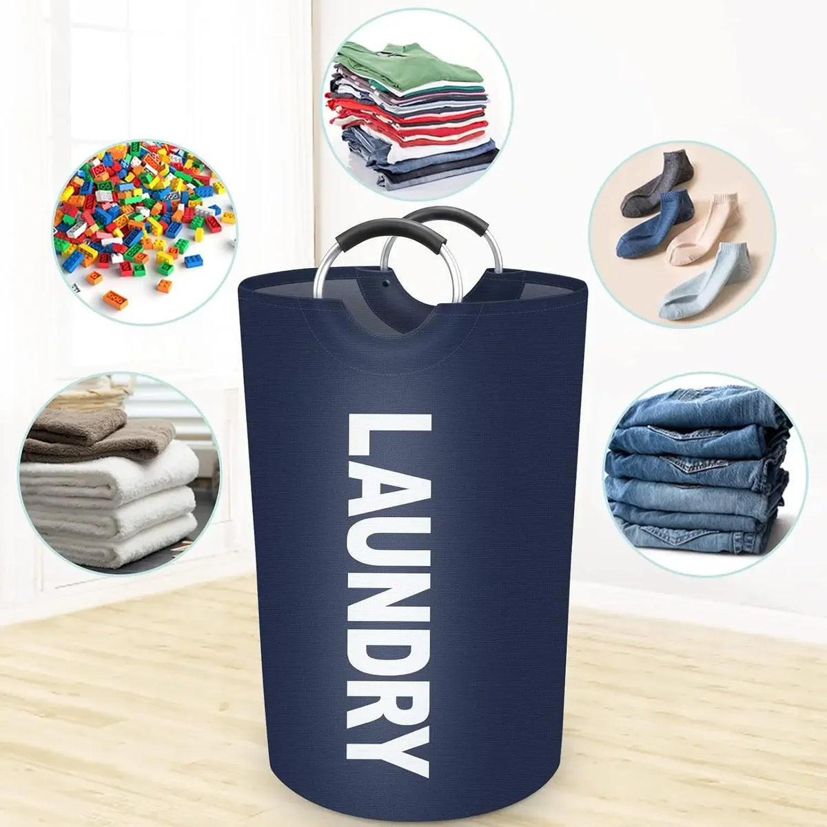 A navy blue foldable laundry bag with a padded handle, showing various laundry items inside.