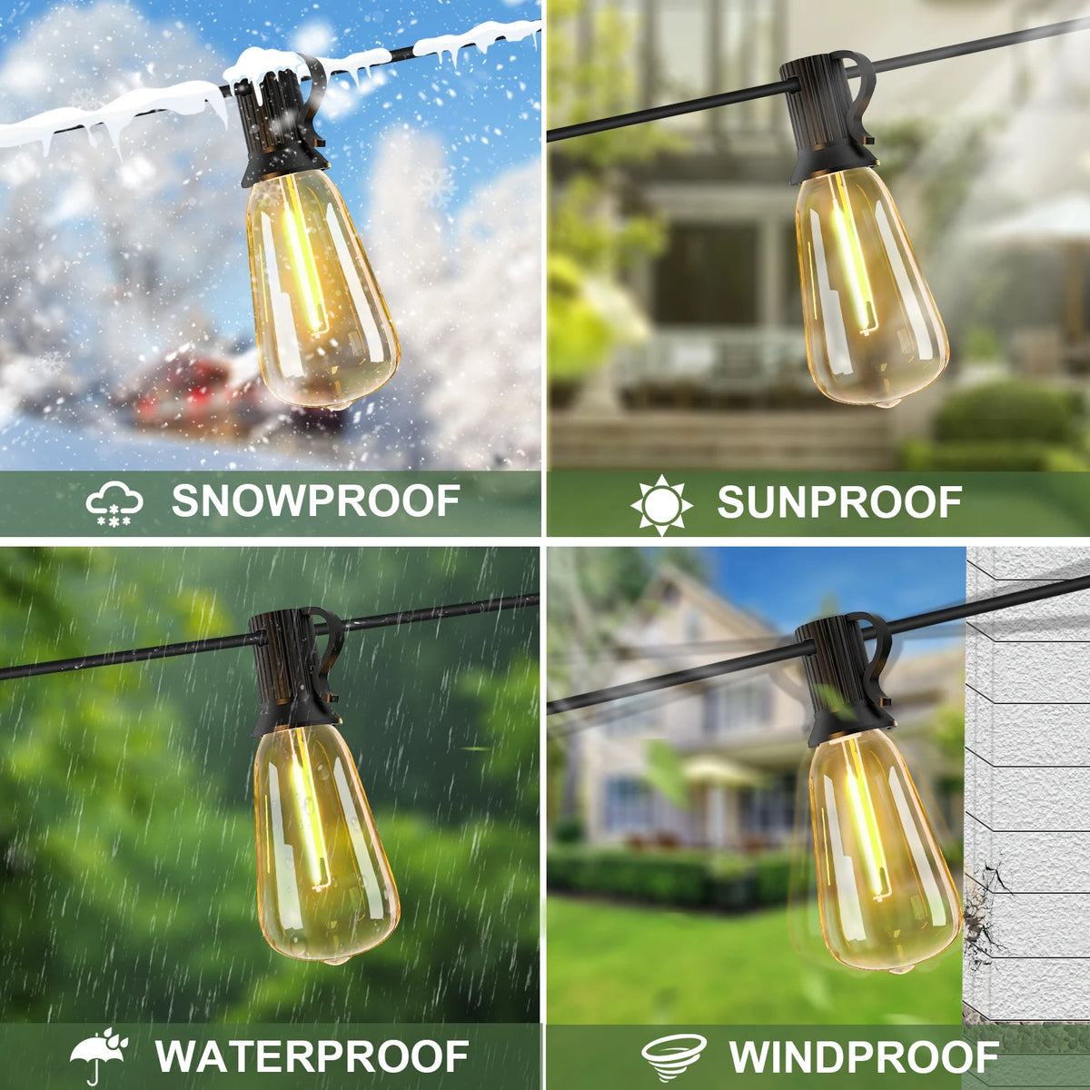 A set of yellow LED string lights hanging outdoors demonstrating snowproof, sunproof, waterproof, and windproof features.