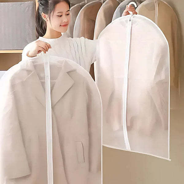 White garment storage bags with clear window hanging covers for dresses and coats