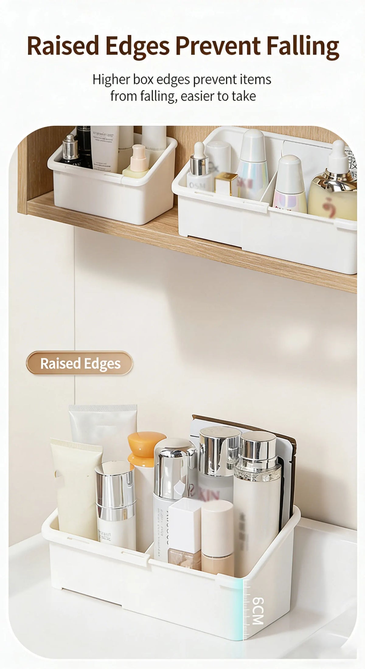 White cosmetic organizer with raised edges holding various beauty products on a wooden shelf and a counter.