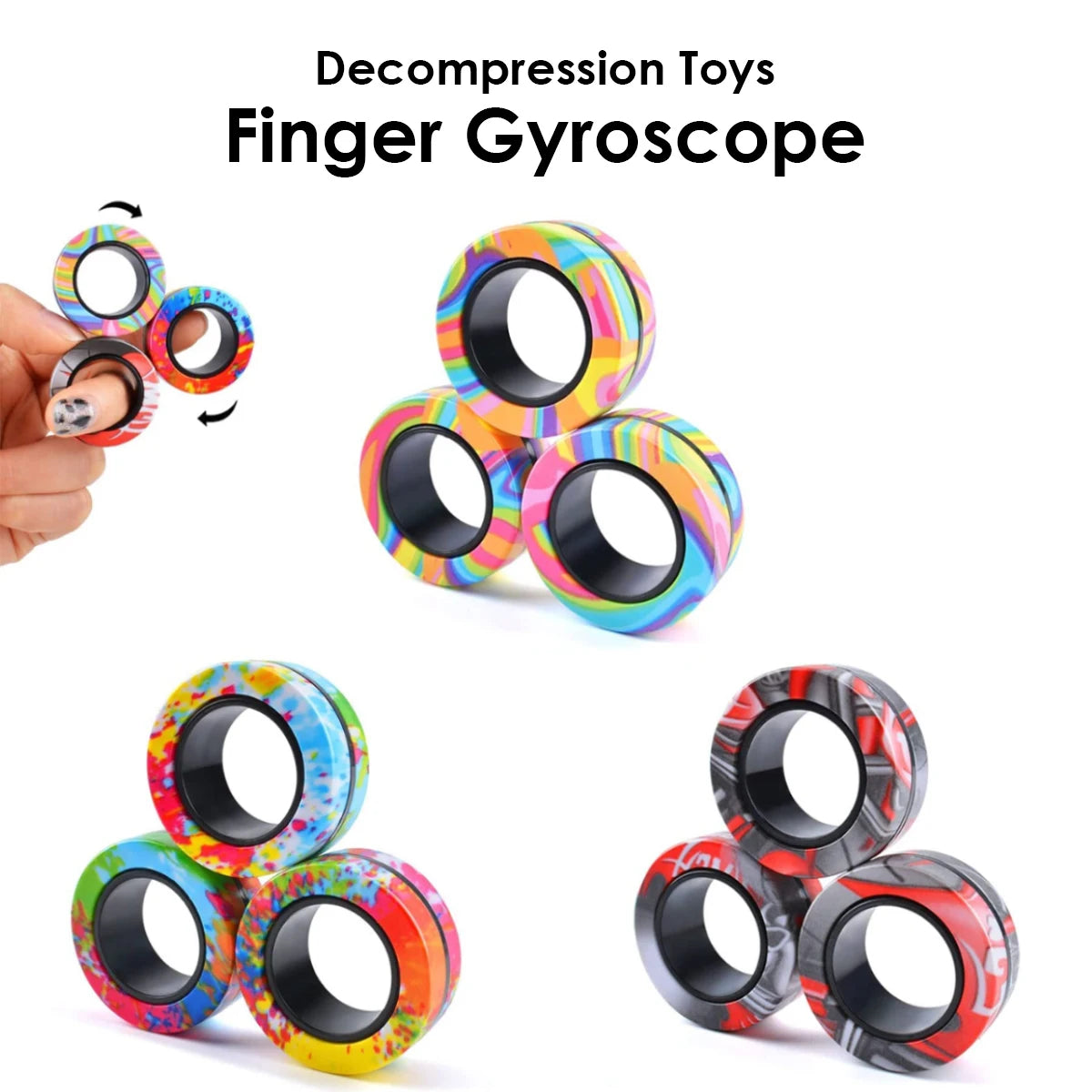 A collection of colorful magnetic fidget rings in various patterns and colors.