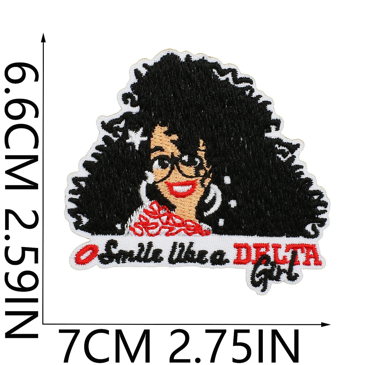 Black embroidered patch featuring a woman with curly hair smiling and text that reads Smile like a Delta Girl
