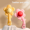 A yellow and pink 3-in-1 baby teether and rattle set with a chewable gripper and shaker toy