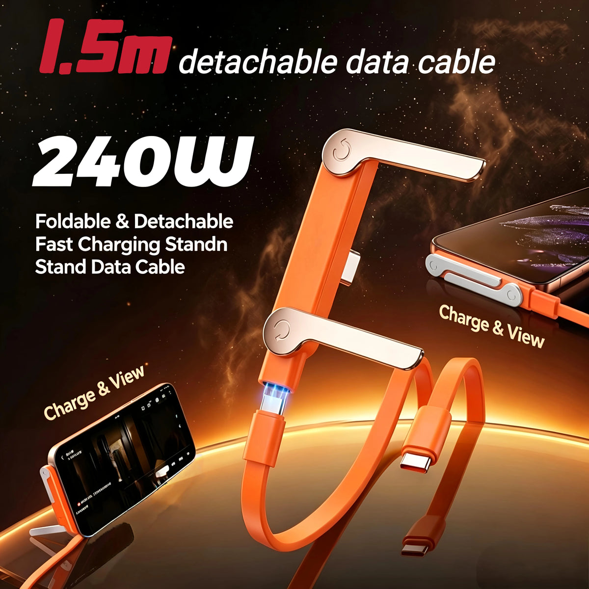 2-in-1 Foldable USB-C Fast Charging Stand with Detachable Cable