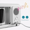 A white waterproof shower phone holder with a speaker and control buttons is shown, with musical notes emanating from it.