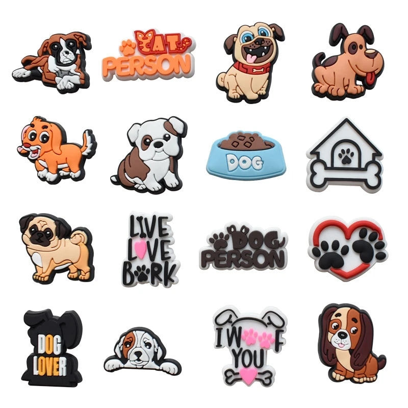 A set of various PVC pins featuring dog-themed designs like a dog person, dog lover, and dog heart.