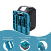 A teal wall-mount holder for Makita 18V batteries and power tools, showing its molded design and installation.