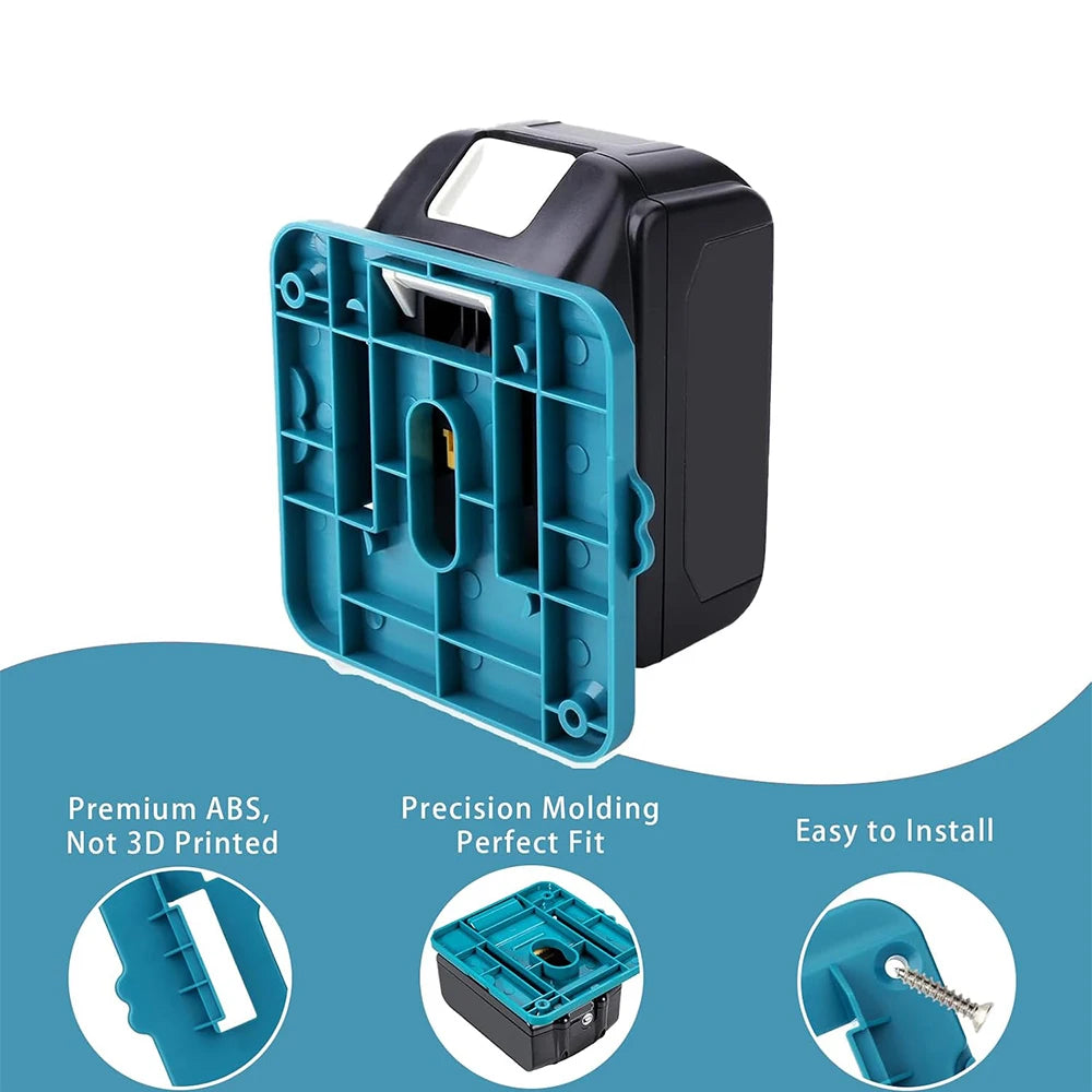 A teal wall-mount holder for Makita 18V batteries and power tools, showing its molded design and installation.