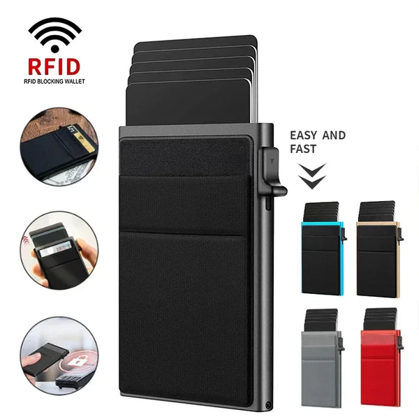 A black slim RFID blocking metal cardholder with a pop-up mechanism showing various card slots.