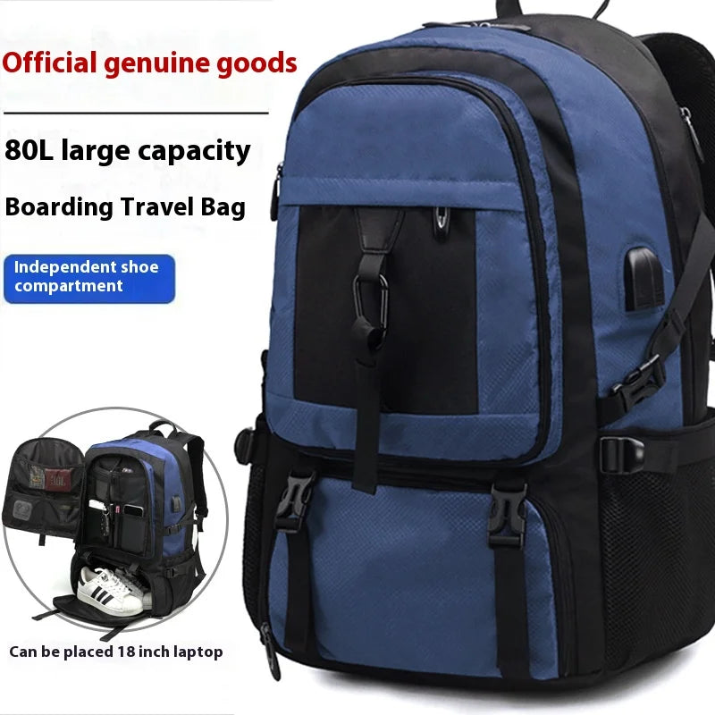 A blue and black boarding travel backpack with an independent shoe compartment and laptop sleeve.