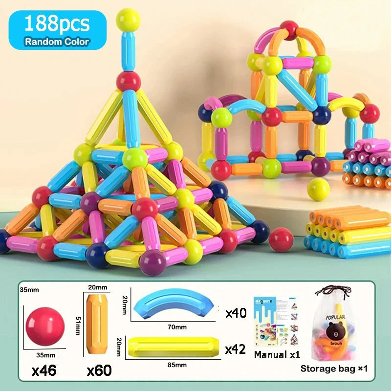 Magnetic Building Sticks and Balls Construction Set - 188 Pieces STEM Toy for Kids
