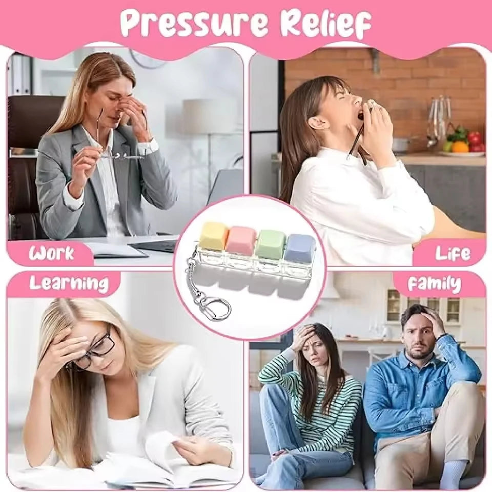 A collection of people experiencing pressure relief, including a woman rubbing her temples and another person exhaling deeply