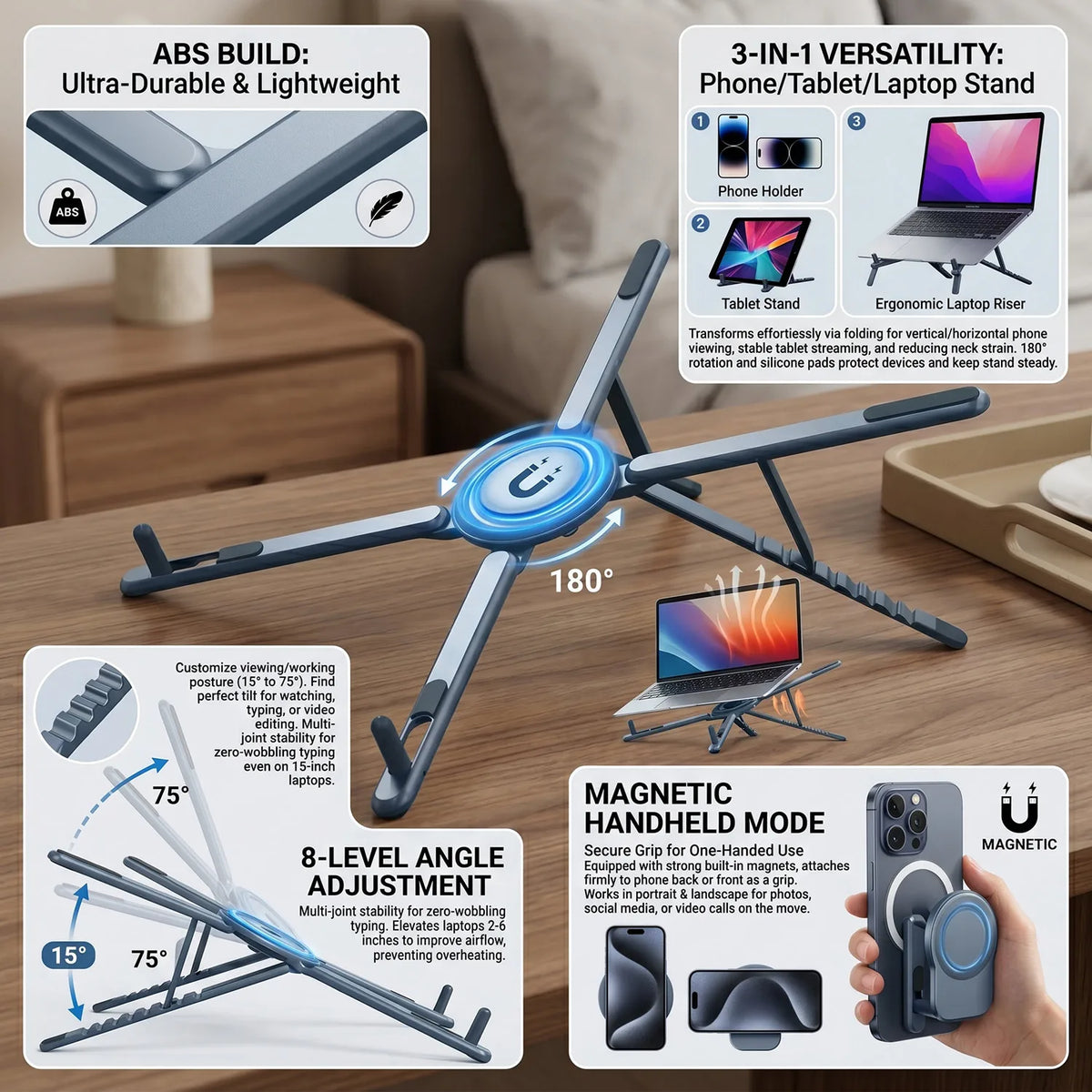 Foldable Magnetic Laptop Stand with Adjustable Height and Heat Dissipation
